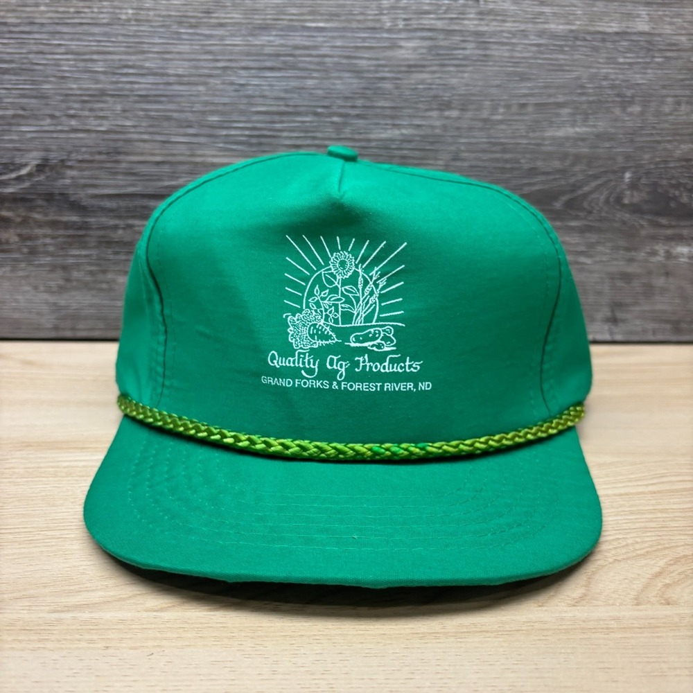 Vintage Quality Ag Products Hat Cap Snap Back Green North Dakota Farm ND Rope